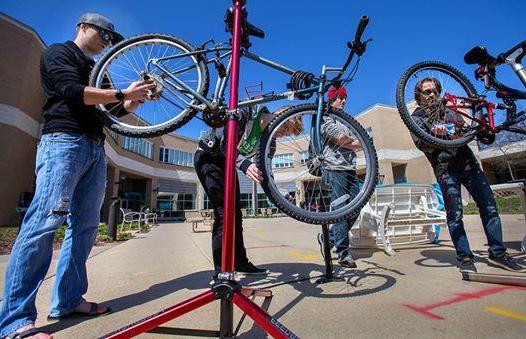 Students getting their bikes inspected