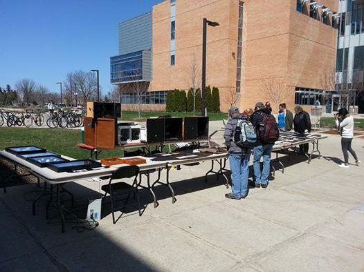 Students looking at exhibit