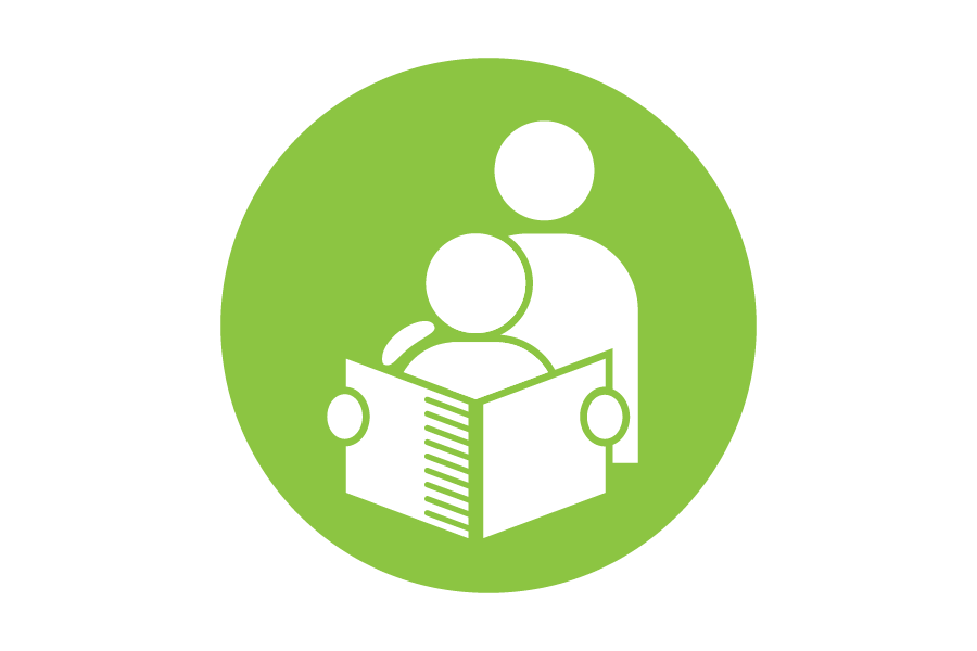 Green icon of a teacher helping a student read a book