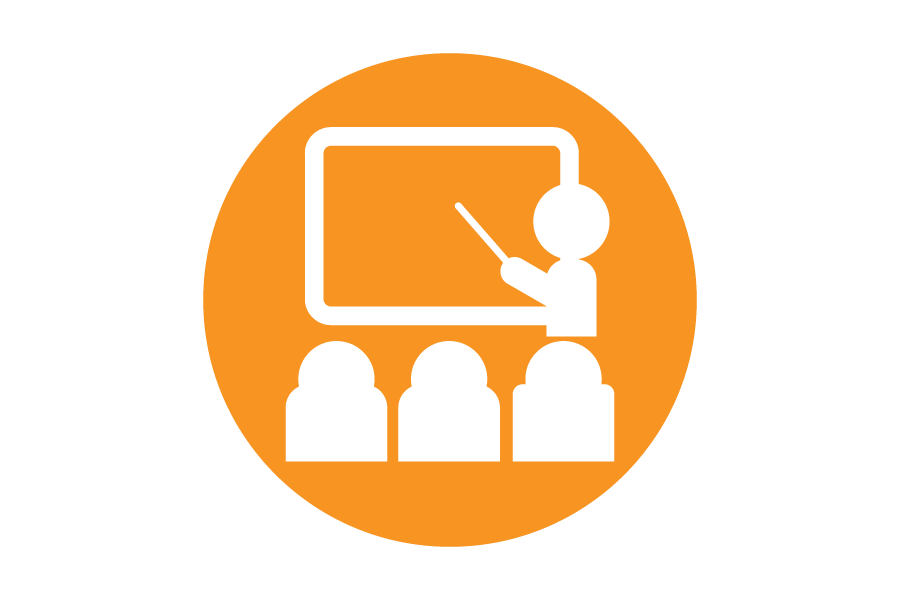 An orange circle with an icon of a teacher teaching a class within it.