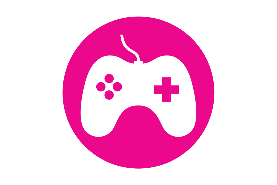 Graphic of white controller on a pink background.