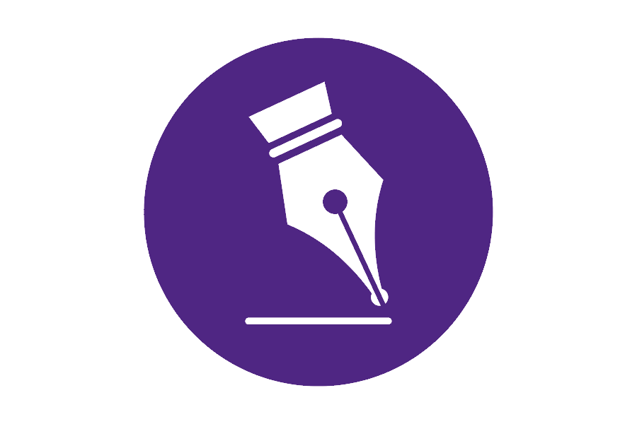  White graphic of a pen writing on a purple background.