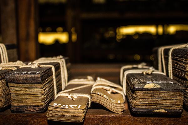 Bundles of manuscripts on a table