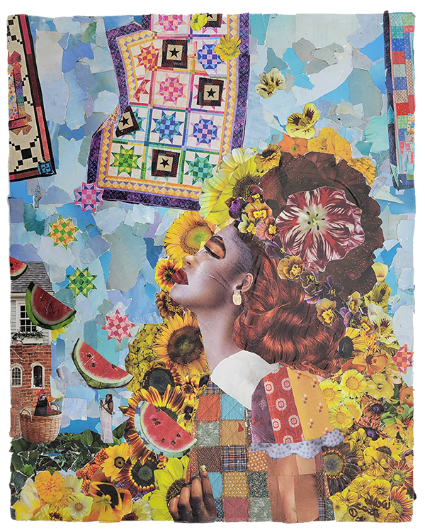 Collage image of a woman with multiple colorful other items like quilts and watermelon.